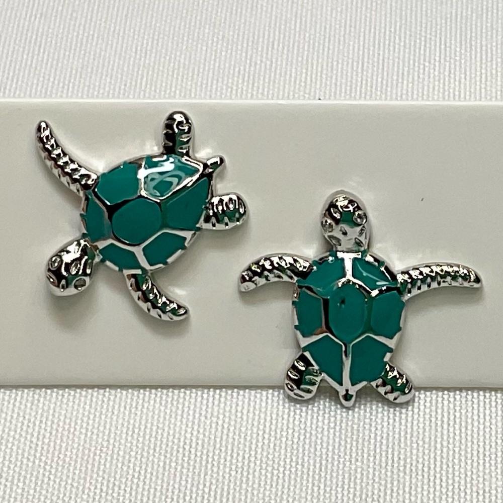 Silver Tone and Green Turtle Stud Earrings